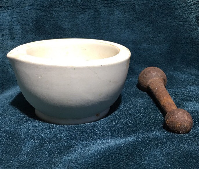Antique Mortar Bowl & Iron Pestle Pharmacist Thomas Maddock Sons Acid Proof USA