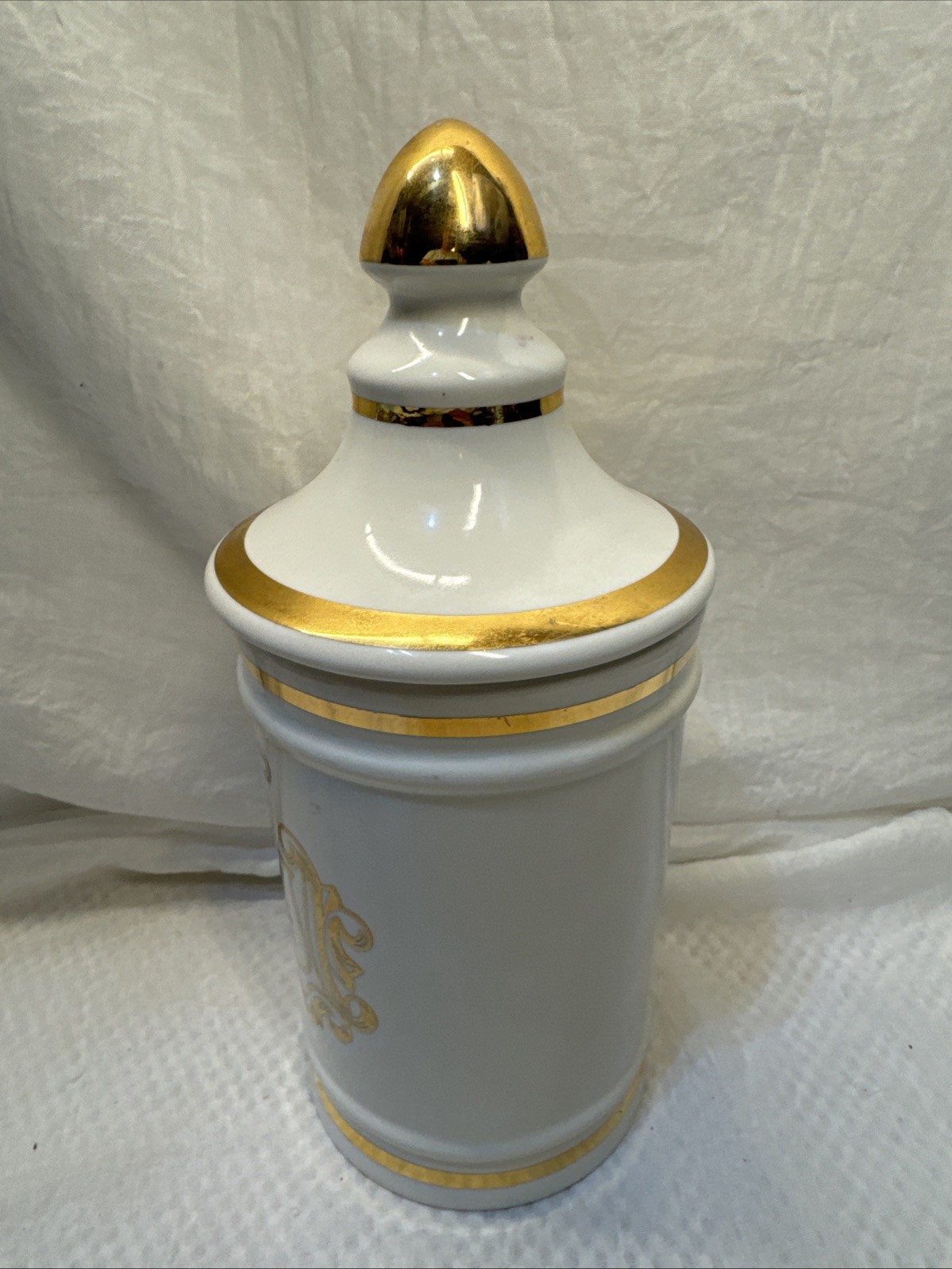Vintage Pharmacy EXT OPii Canister Jar w/ Lid-Cream & Gold Trim-Owens Glass IL