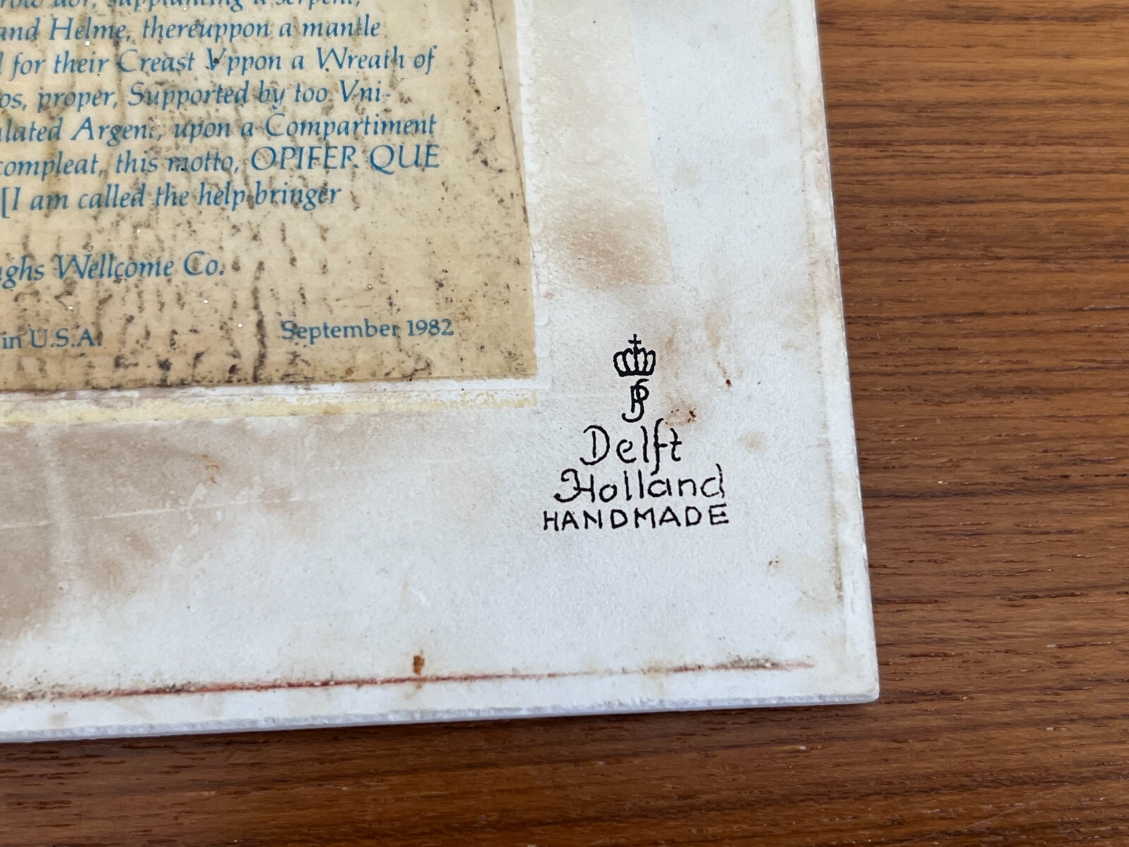 Vintage 1982 Delft Holland Burroughs Welcome Apothecary Crest Tile, 6″ x 6″