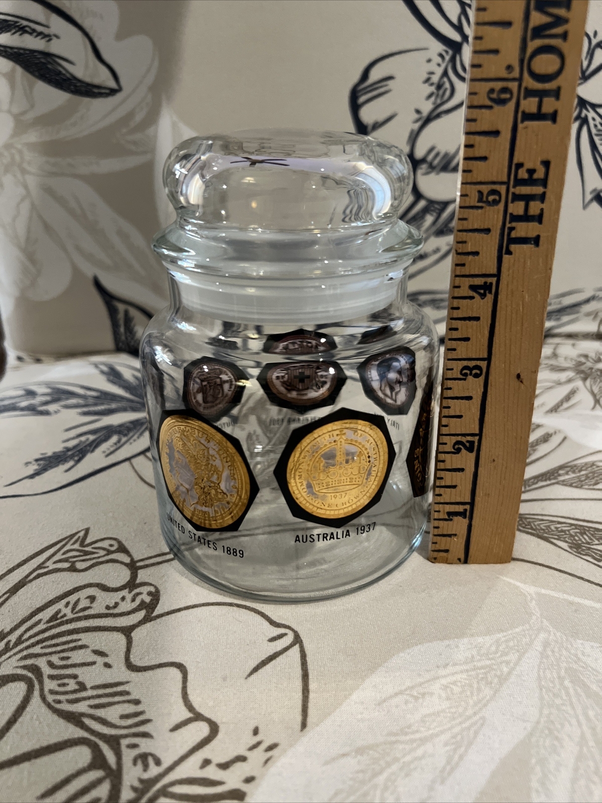 RARE Vintage Gold & Black Apothecary Jelly Bean Jar “Coins Around the World”