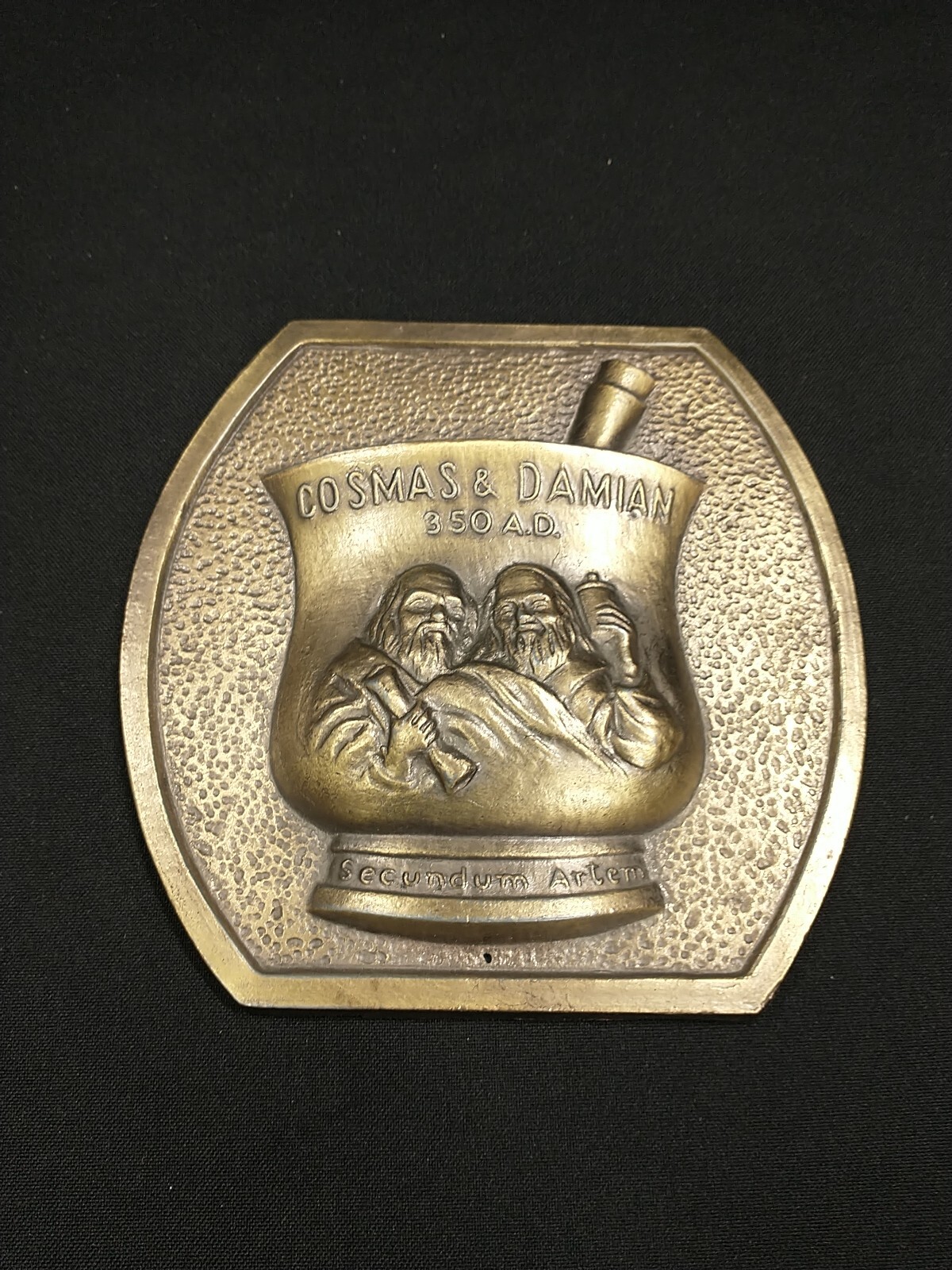Cosmas & Damian 350 AD Secundum Artem RX Brass Plaque 1980 Promo Pharmaceutical