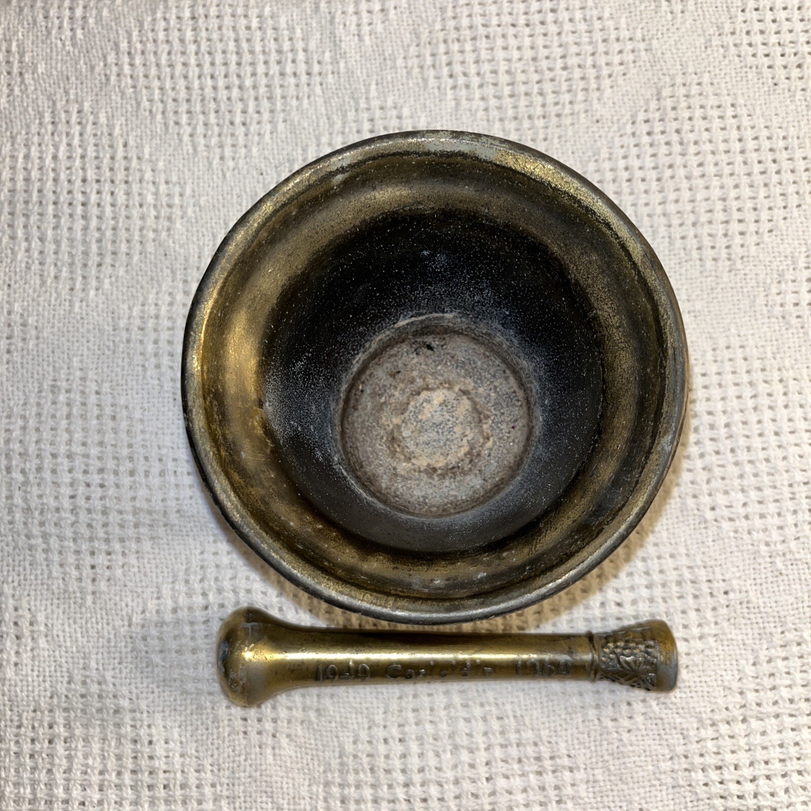 Vintage Apothecary￼￼ Coricidin Mortar & Pestle Brass Rx Secundum Artem Pharmacy