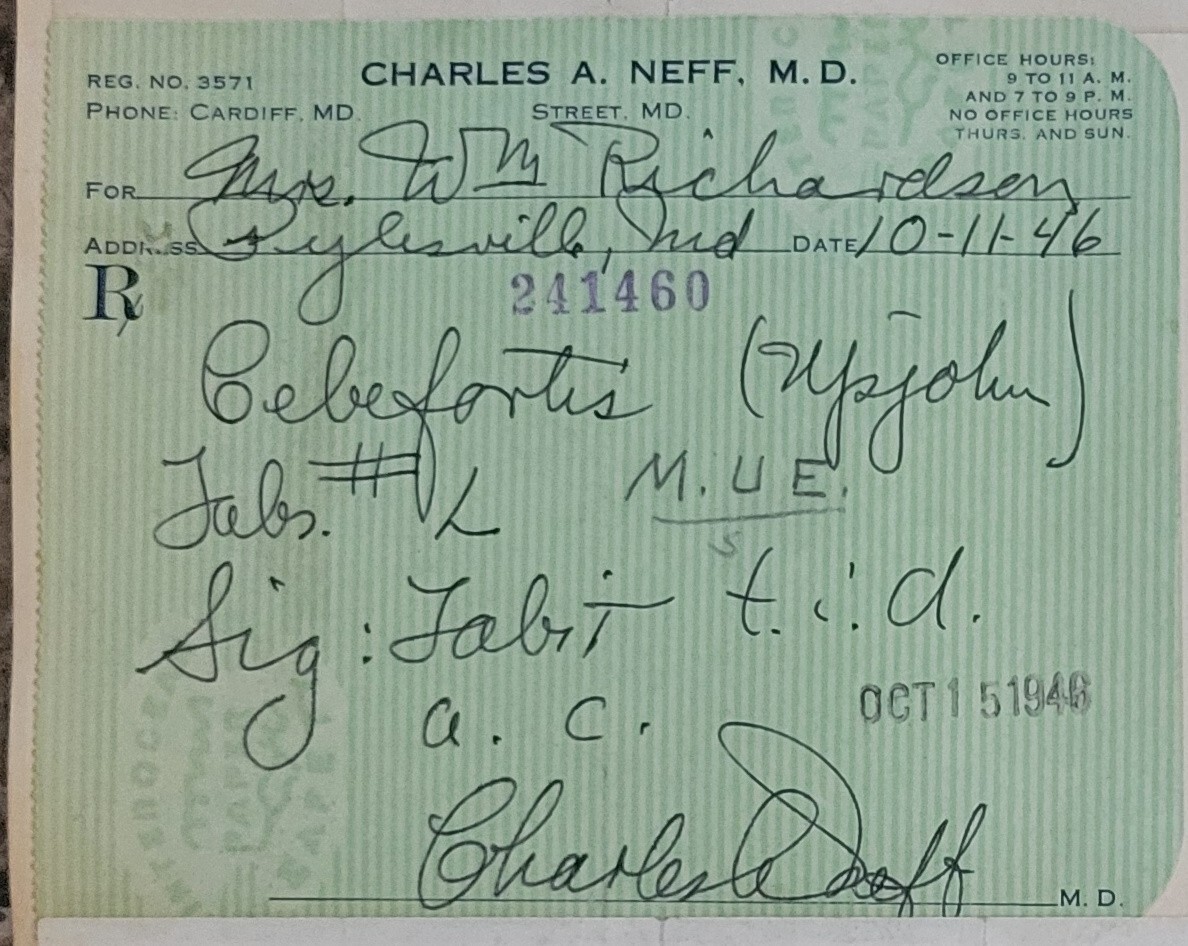 1946 2-sided Pharmacy Ledger Page – 16 vintage prescriptions – ERGOT
