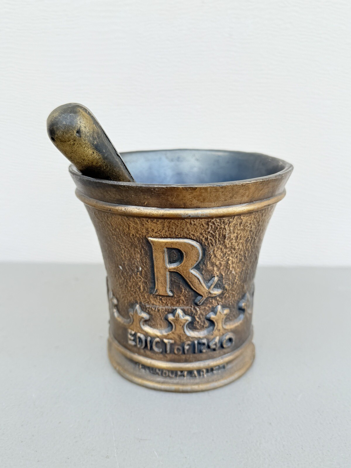 Mortar and Pestle, Metal Rx Pharmacy Apothecary Edict of 1240 Coricidin
