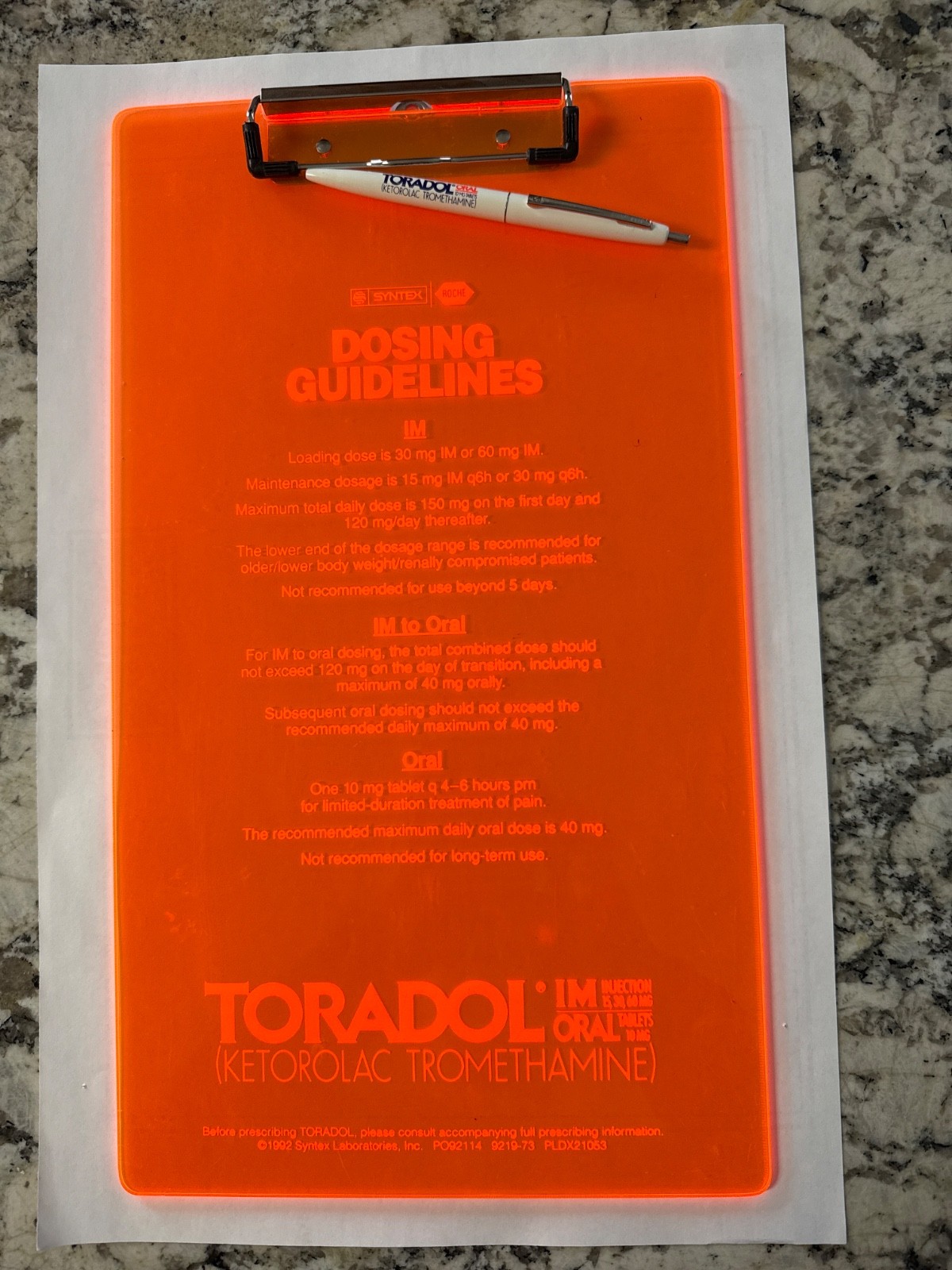 TORADOL Clipboard w/Bic Pen-Never Used-Pharmaceutical Drug Rep Promo Neon Orange