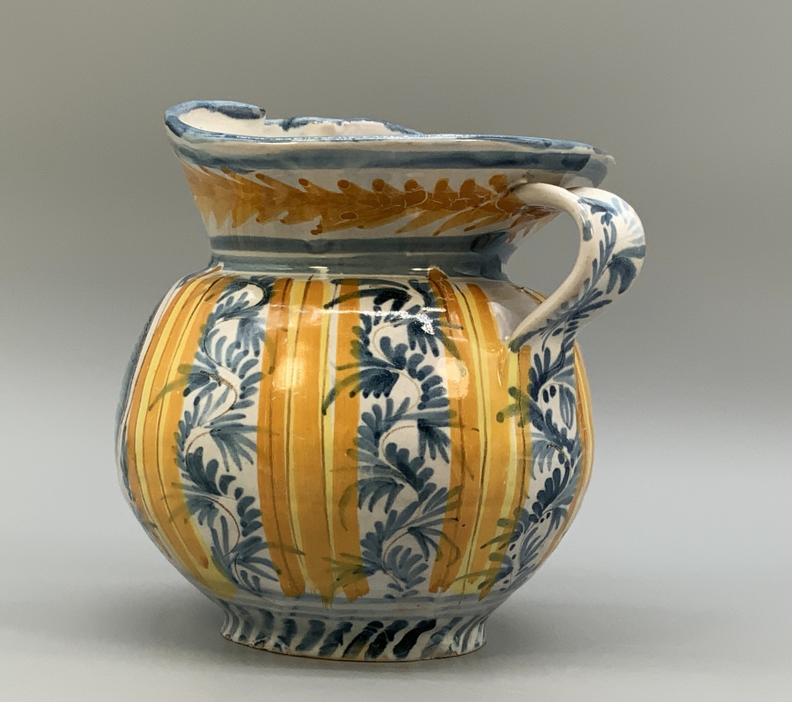 Italian Majolica Pharmacy Jug Polychrome, Mangonese & Yellow 19thC Delft Faience