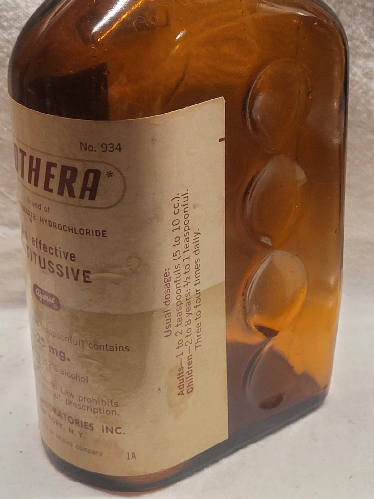 Large Empty Vintage Cothera Cough Syrup Bottle by Ayerst w Original Label