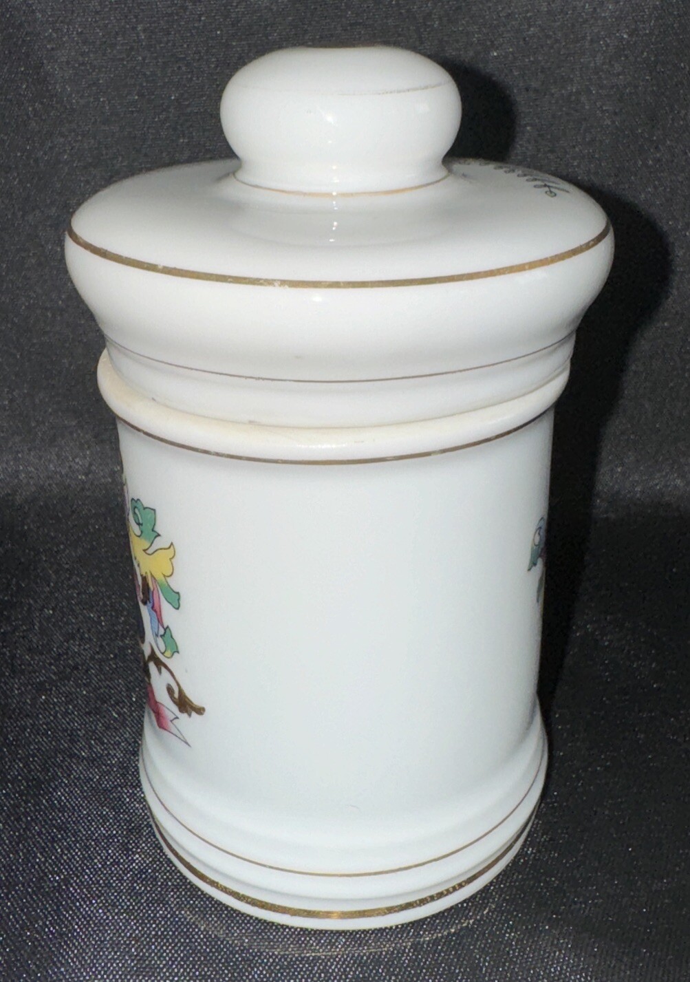Porcelain Apothecary Jar Pulvis Gold Trim DOM Vintage Cotton