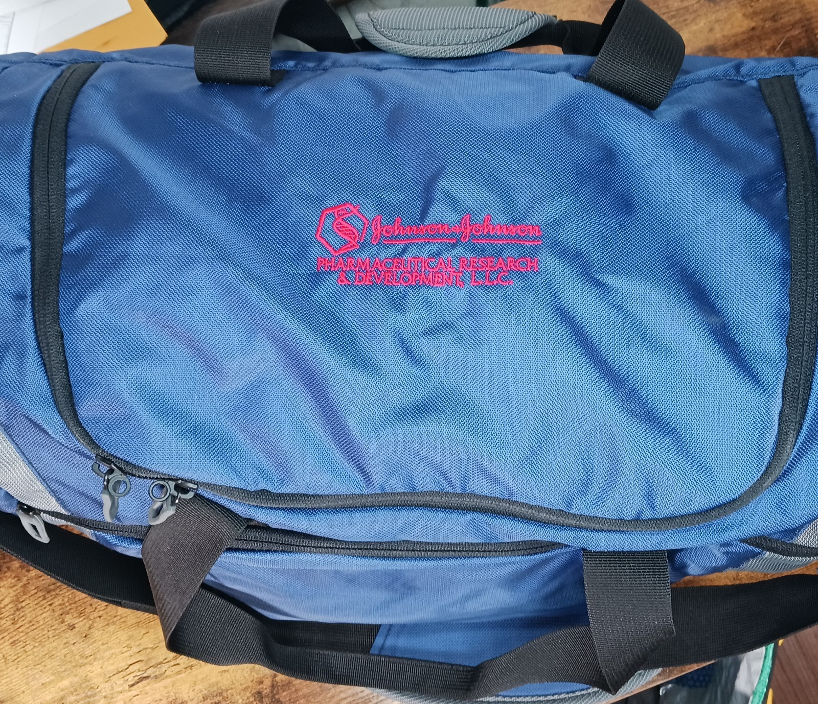 Vintage Lands End Johnson + Johnson Pharma Promotional Duffle Bag Blue Gray