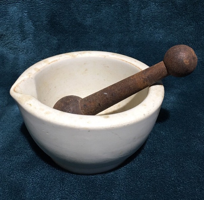 Antique Mortar Bowl & Iron Pestle Pharmacist Thomas Maddock Sons Acid Proof USA