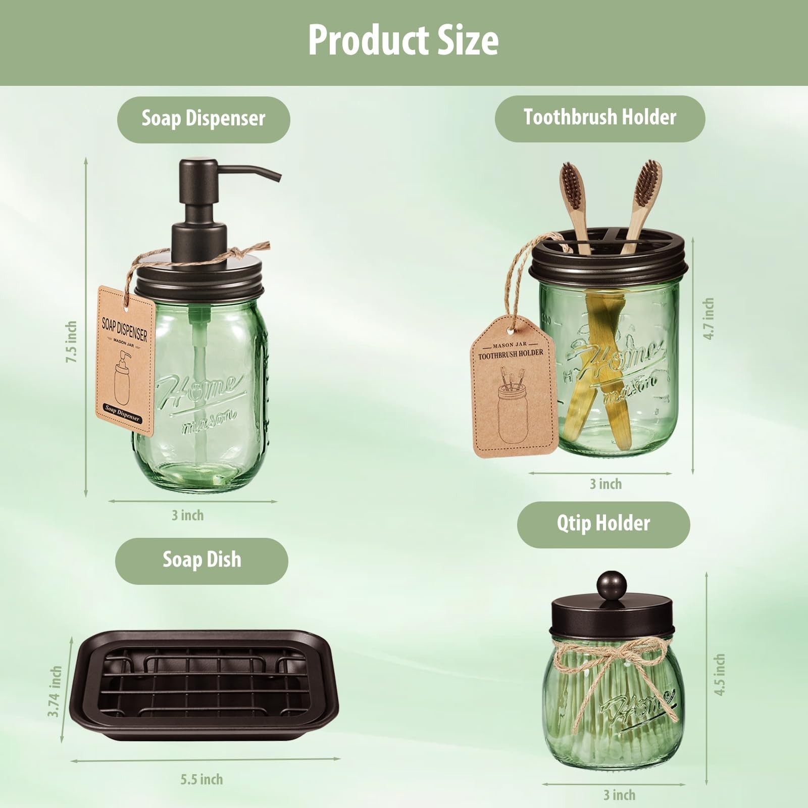 SheeChung Green Bathroom Accessories Set, 6Pcs Mason Jar Glass Bathroom Set, …