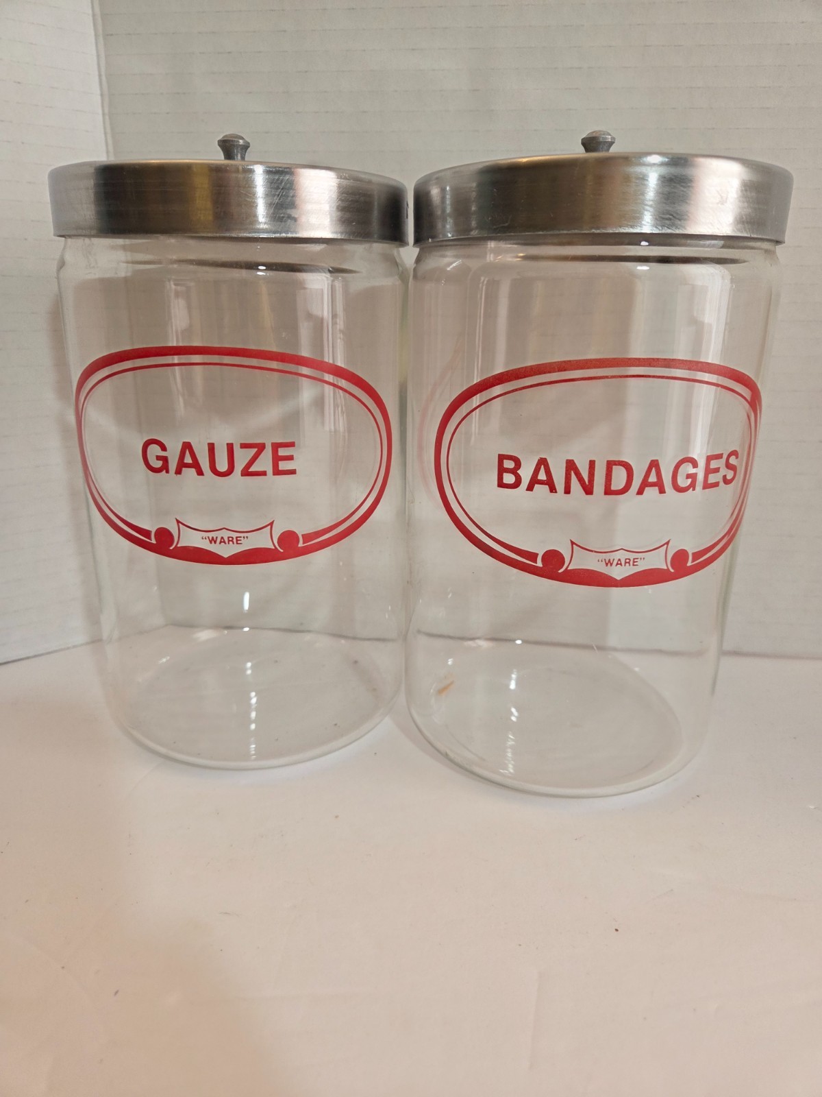 2 Vintage 7″ Grafco Glass & Steel Medical Apothecary Containers Gauze / Bandages