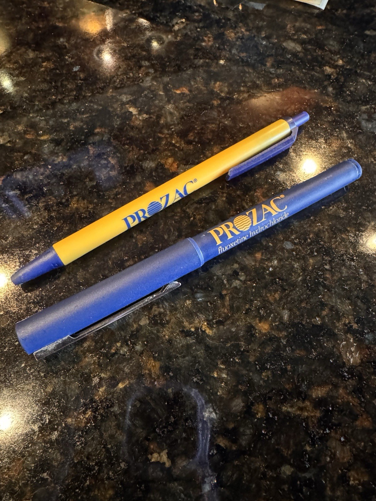 Vintage Lot Of 2 PROZAC FLUOXETINE HCL Pharmaceutical Drug Rep Pens Blue Yellow