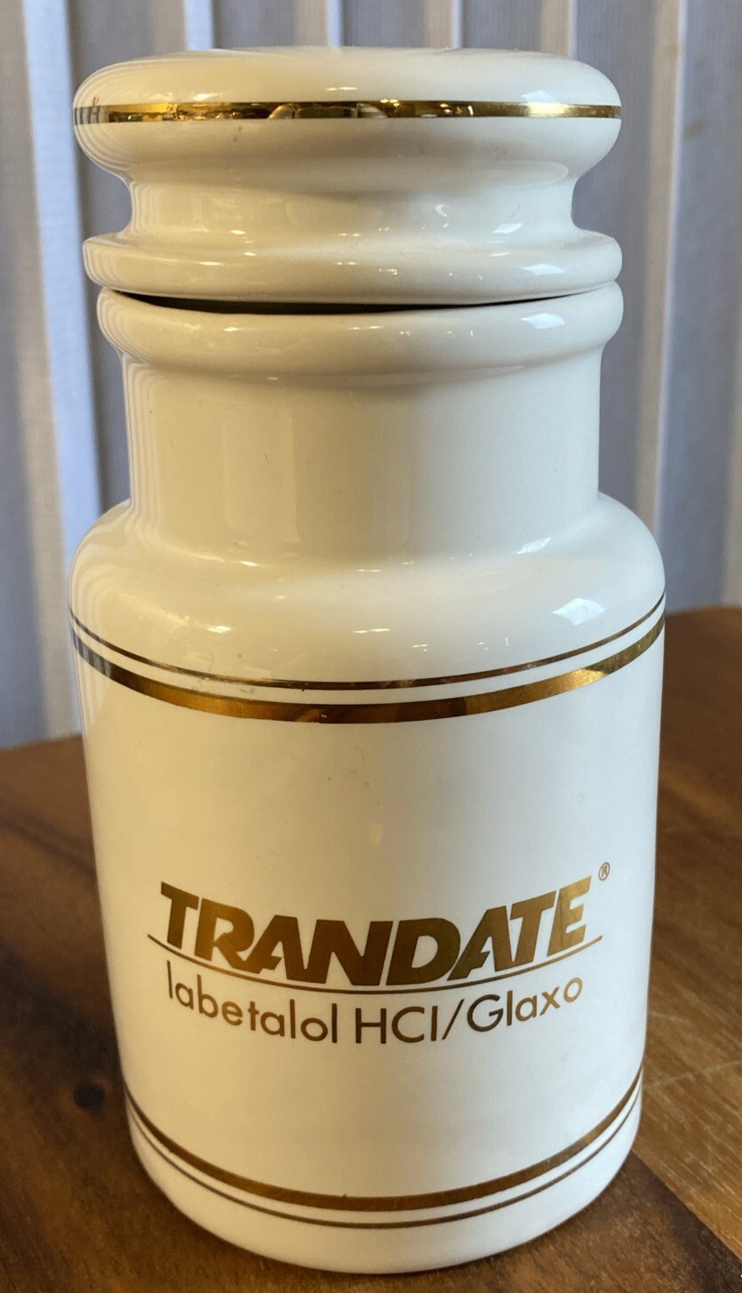 VTG Trandate Labetalol HCI Glaxo Apothecary Medicine Jar Lid Pharma Advertising