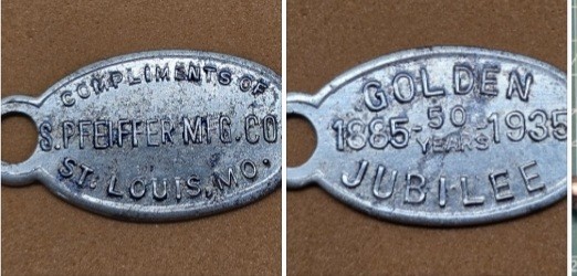 1935 PFEIFFER MANUFACTURING pharmaceuticals St.Louis, Mo. Golden Jubilee Key Fob