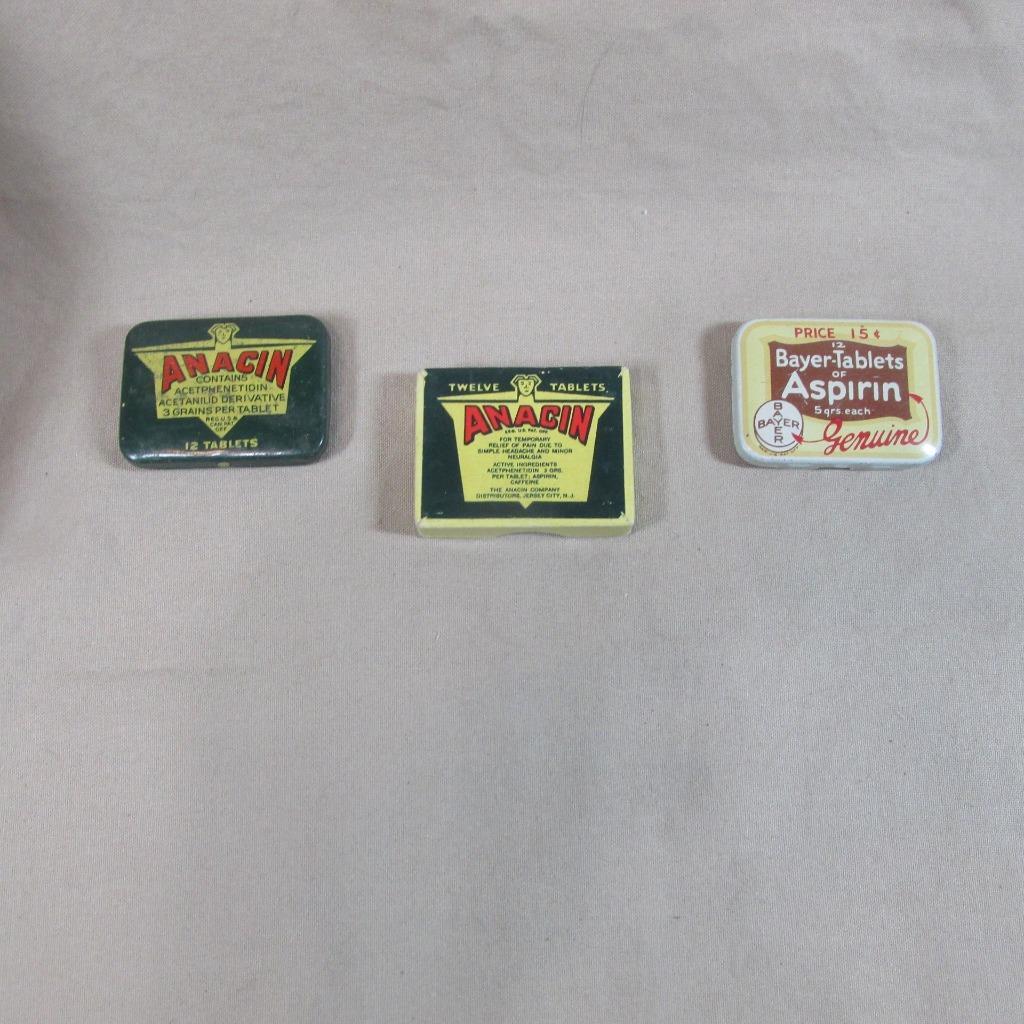 Pair Vintage Anacin Tin and Cardboard and Bayer Tin, Nice Condition