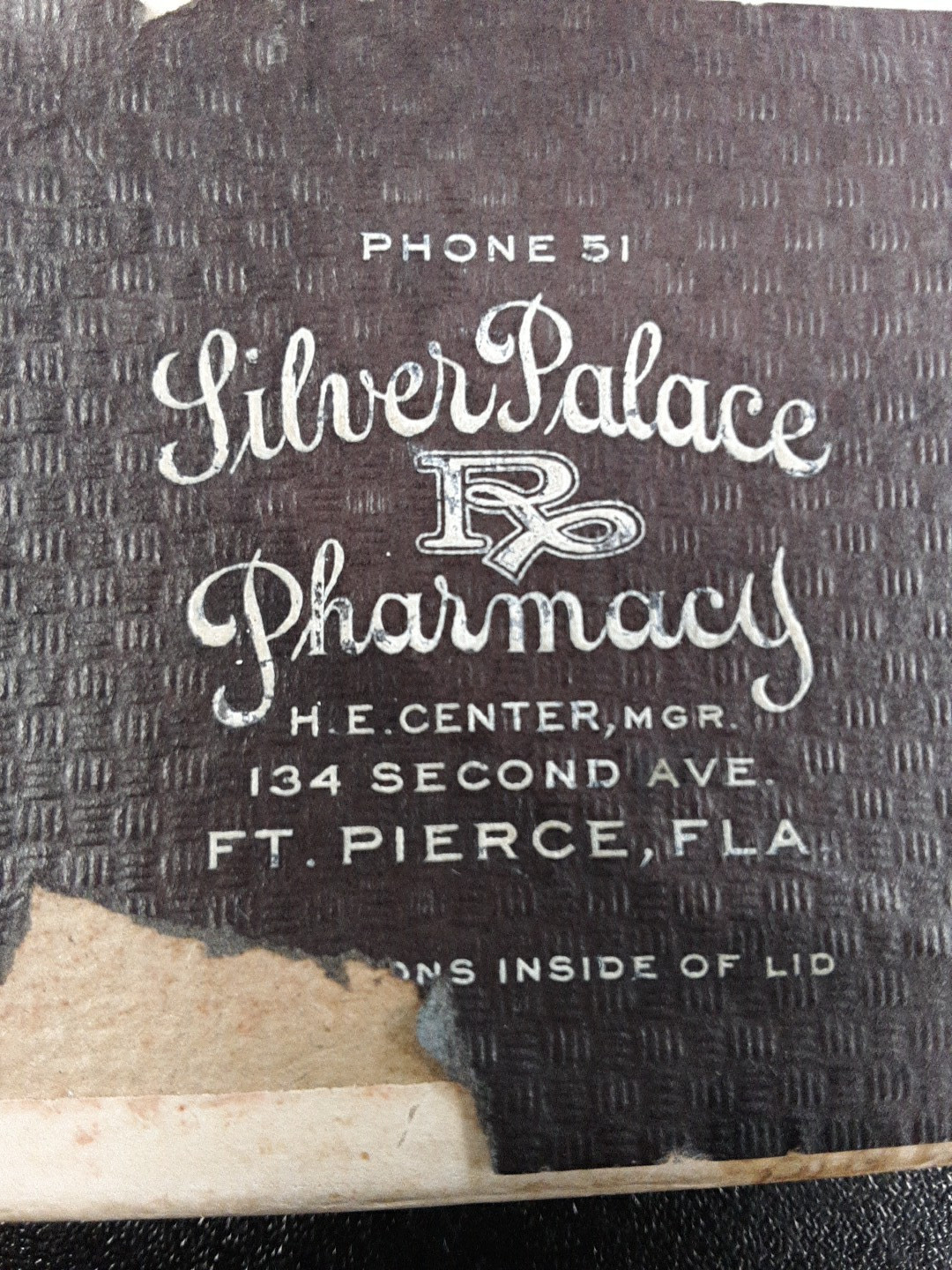 1928 Prescription 3″ Hinged Cardboard Box Silver Palace Pharmacy “Phone 51”