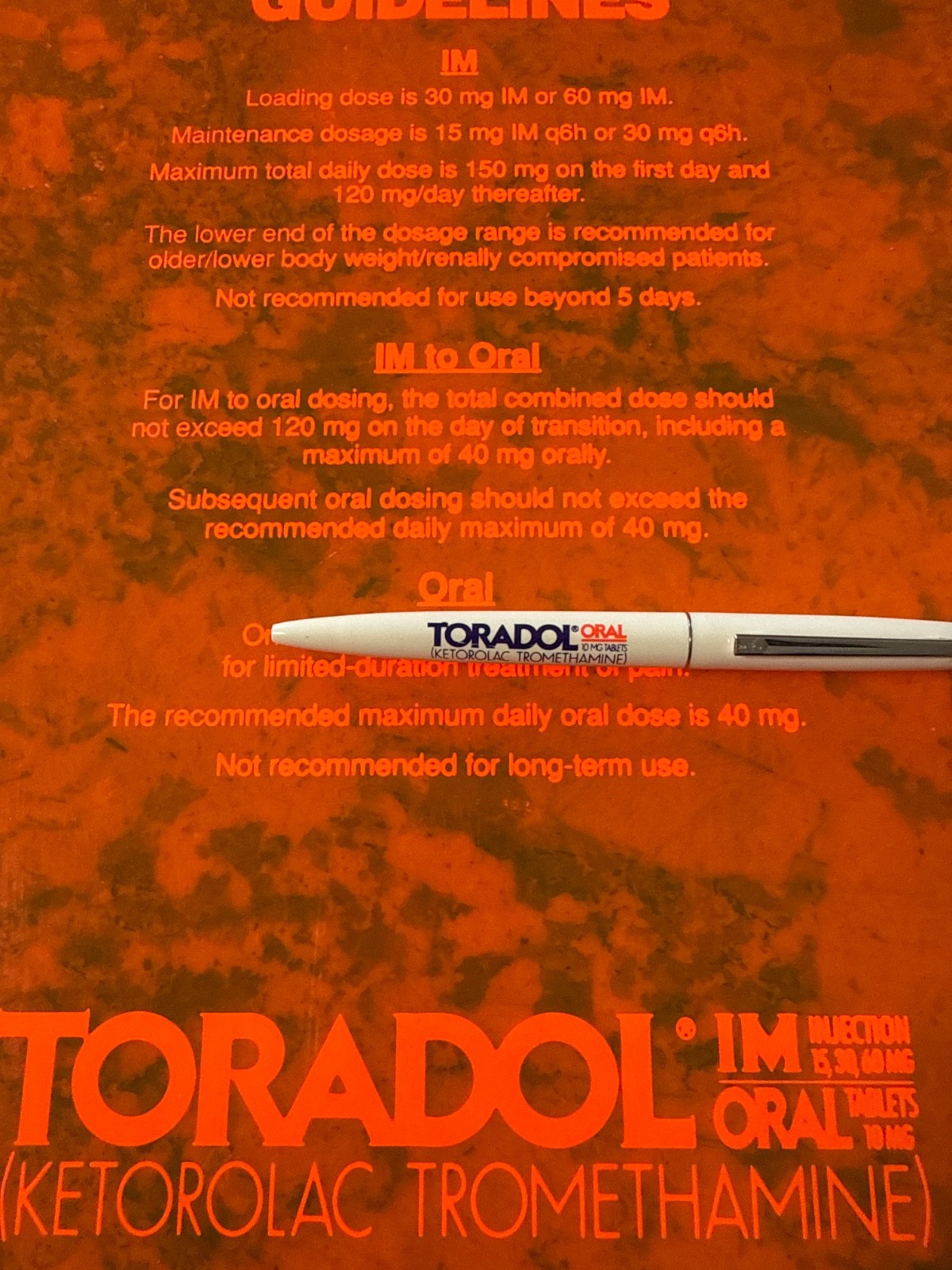 TORADOL Clipboard w/Bic Pen-Never Used-Pharmaceutical Drug Rep Promo Neon Orange