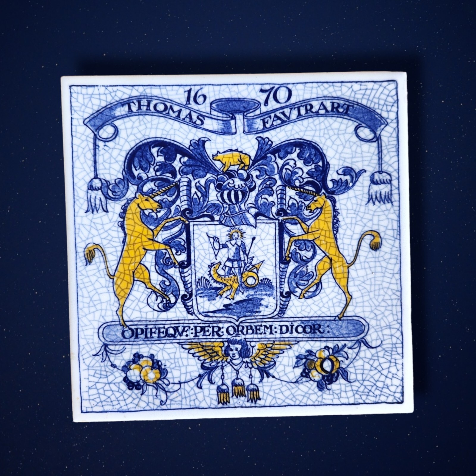 Lot of 2 Pharmacy Comm Tiles Delft Holland 1670 Thomas Favtrart Coat-of-Arms 6″