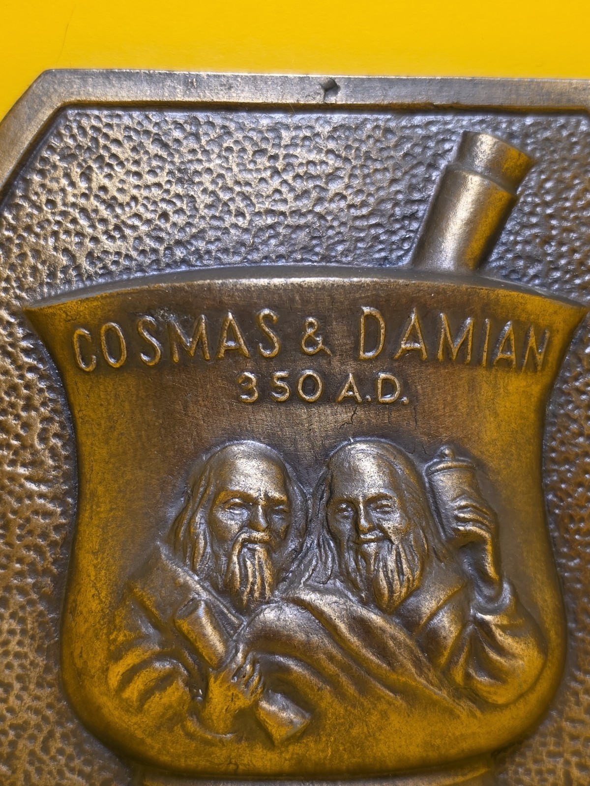 Cosmas & Damian 350 AD Secundum Artem RX Brass Plaque 80’s Promo Chlor Trimeton