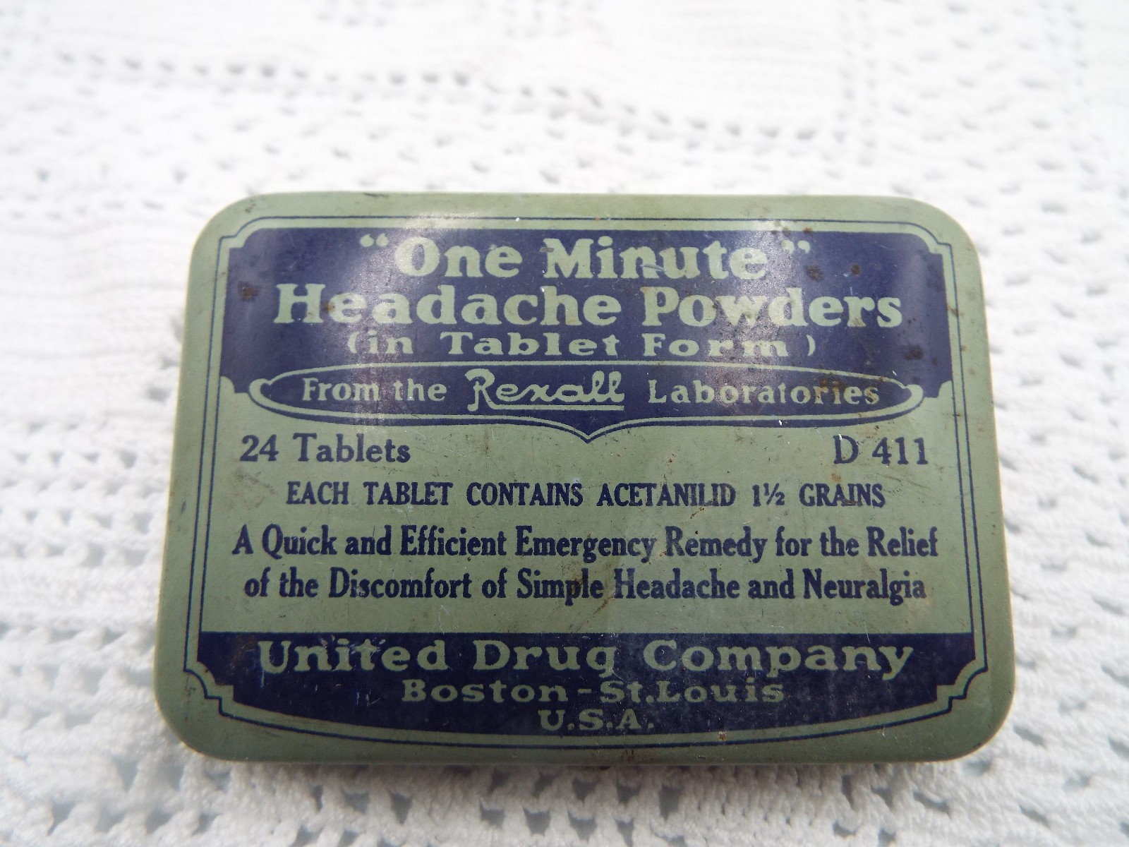 Old EMPTY Advertising Medicine Tin Rexall One Minute Headache Powder Rexall Drug
