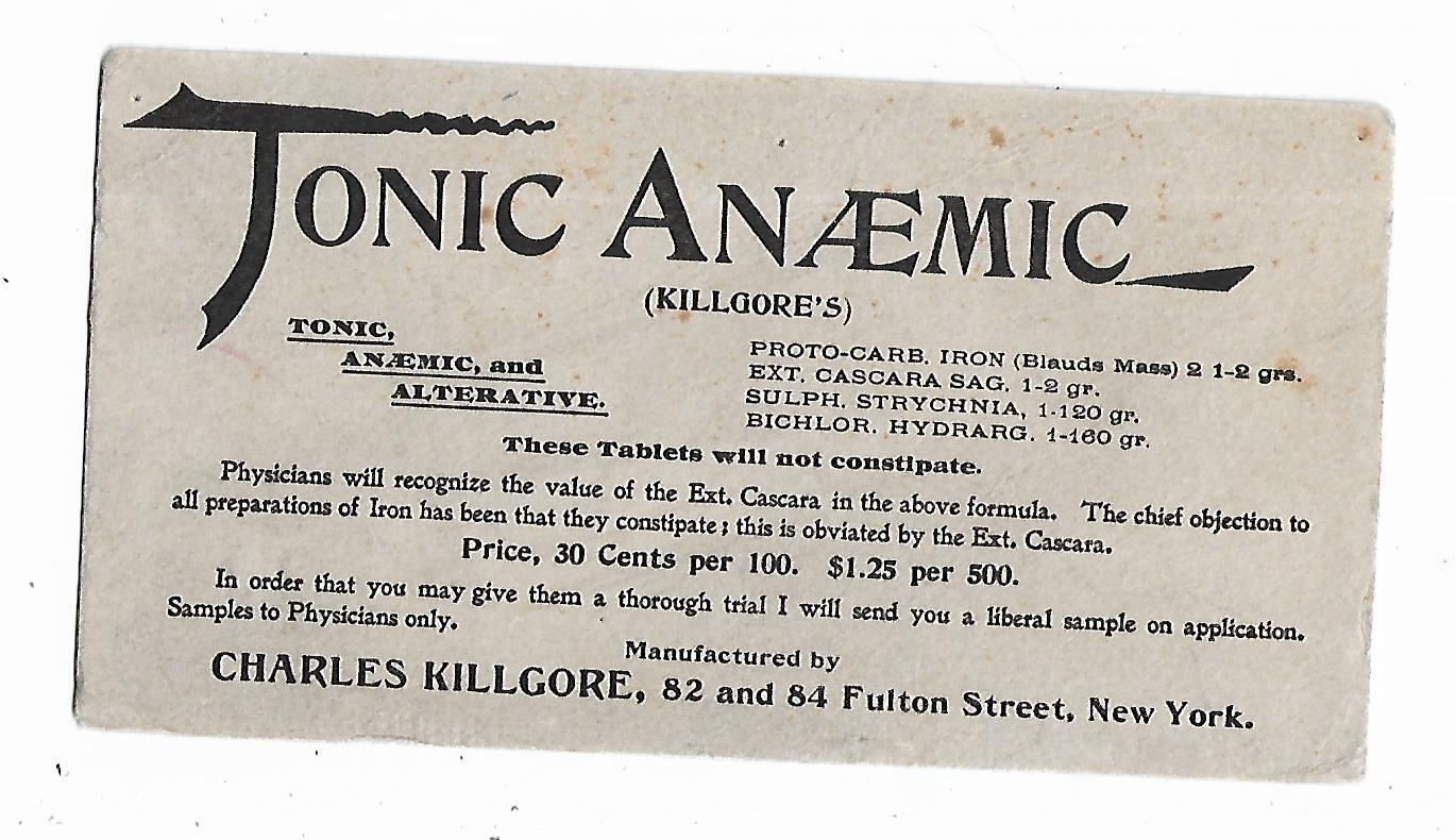 Old Advertising Premium Medicine Blotter Tonic Anaemic Charles Killgore New York