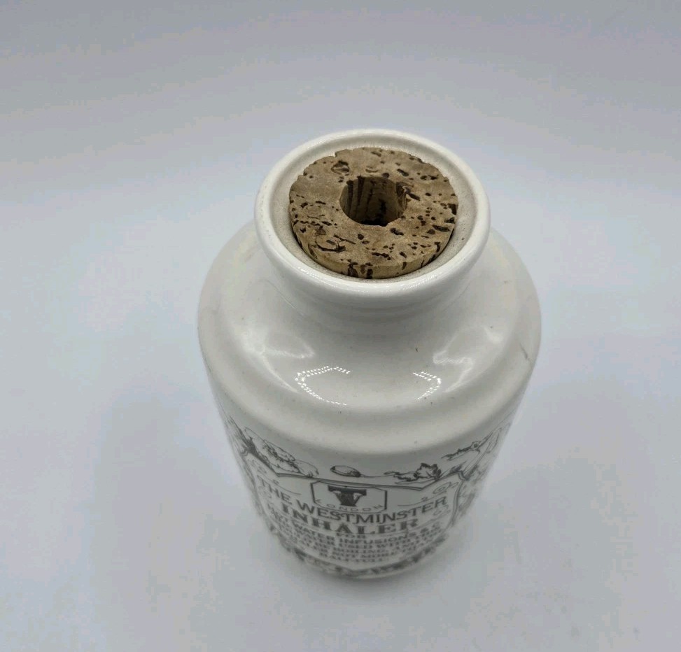 Vintage Westminster Inhaler Ceramic Bottle London Apothecary Style Jar Cork Lid