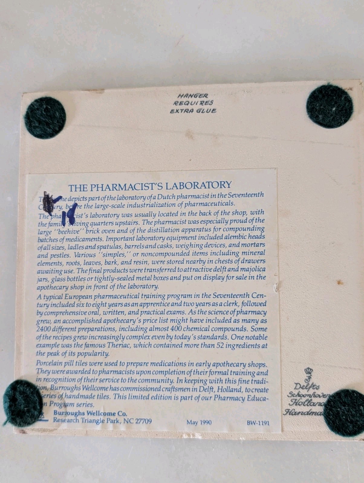 BURROUGHS WELLCOME Pharmacy English Pill Tile The Pharmacist’s Laboratory DELFT