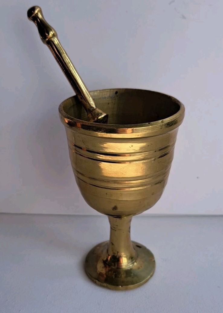 Vintage Heavy Brass SMALL Mortar And Pestle Set Apothecary Metal Gold-tone 4.5″