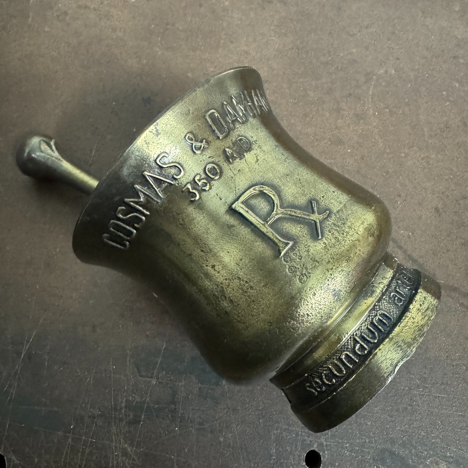 Vtg CORICIDIN Advertising Motor & Pestle Apothecary / Pharmacy – Cosmas & Damian