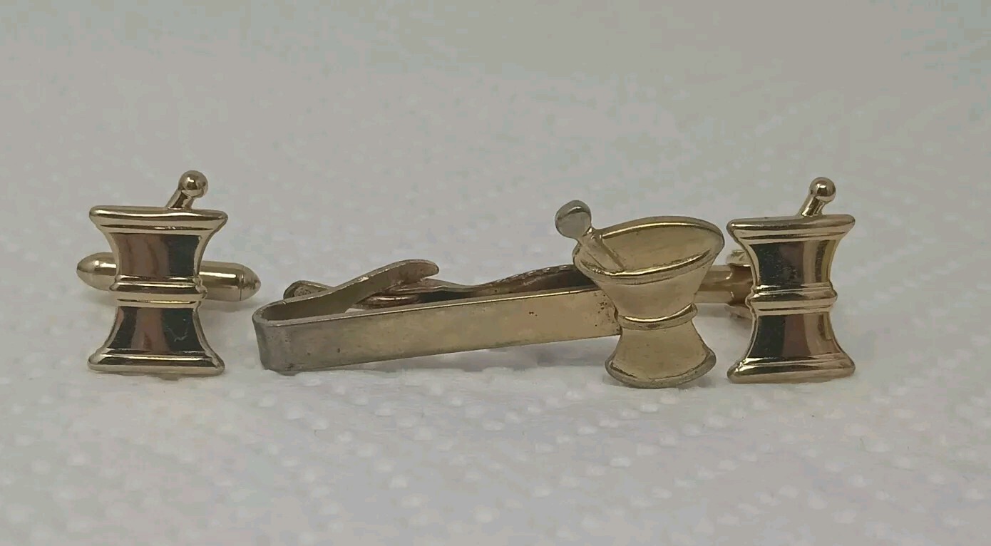 Vintage Pharmacist Pharmacy Cufflinks Tie Tack RX Mortar Pestle Druggist Set