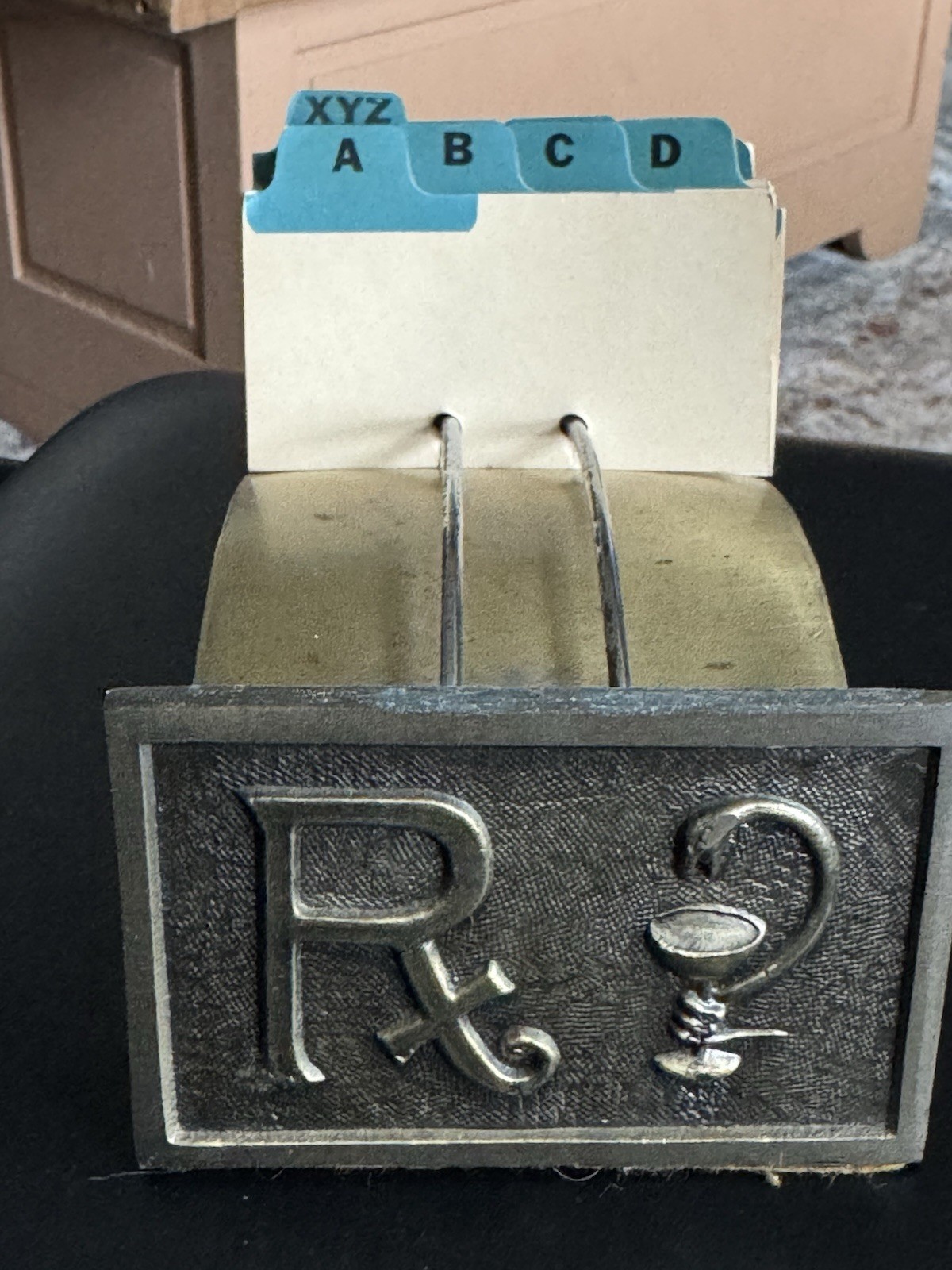 Vintage RX Pharmacy Rolodex Card File Cast Brass Desktop Apothecary Oddity