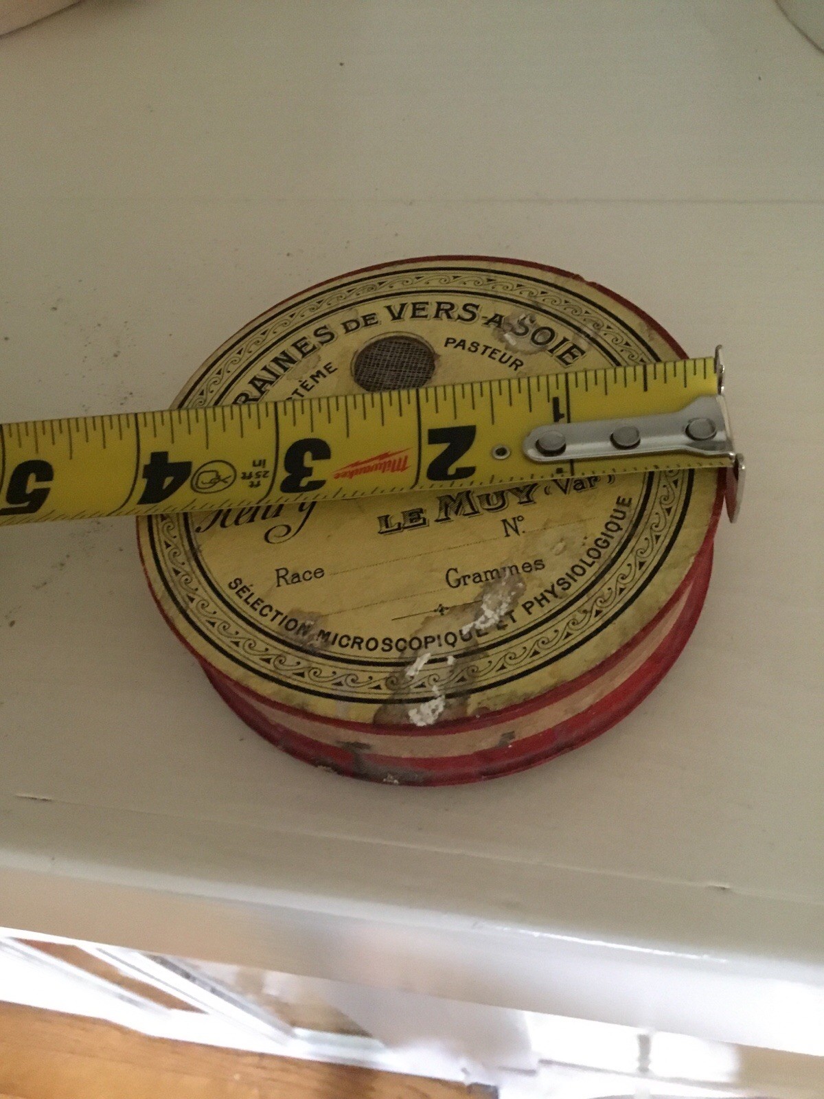 Vintage FRENCH Pharmacie Round Cardboard Container Red Silk Thirsty Worm Seeds!!