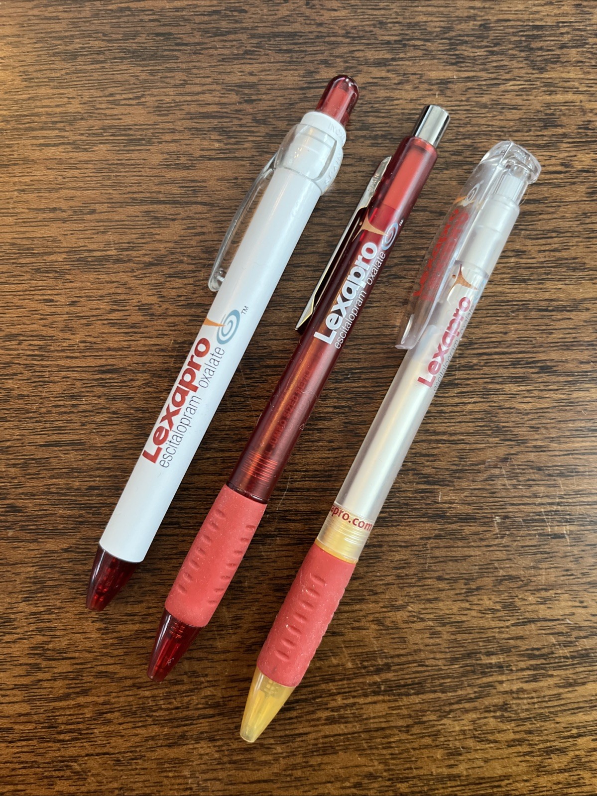 Lot of 3 Lexapro Medical Drug Rep Pharmaceutical Pens Red Grip White Gold Forest