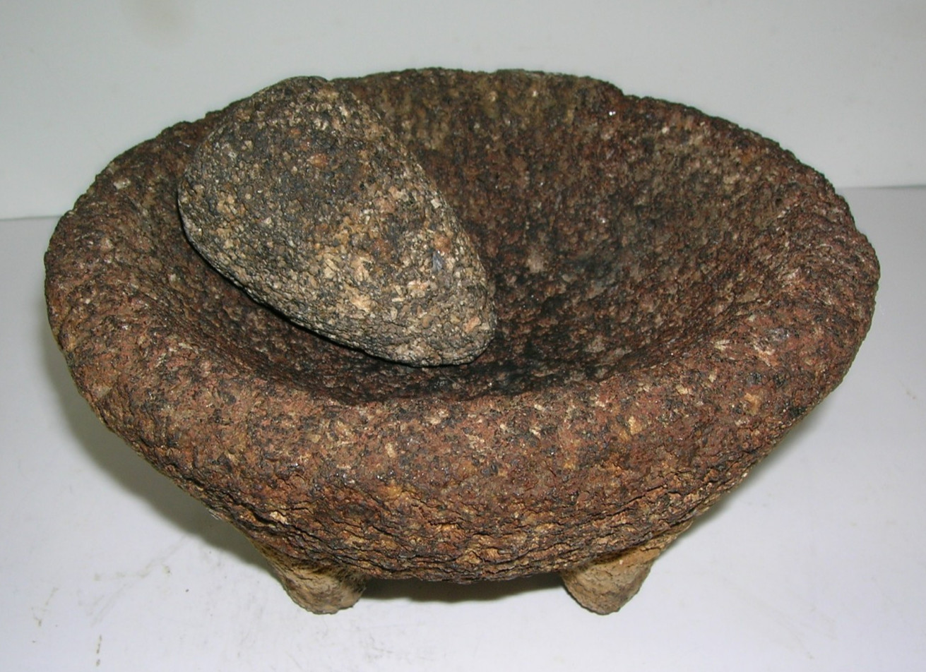 Mortar & Pestle Antique Hand Carved Stoneware 3 Legged 7″ wide Porous Primitive