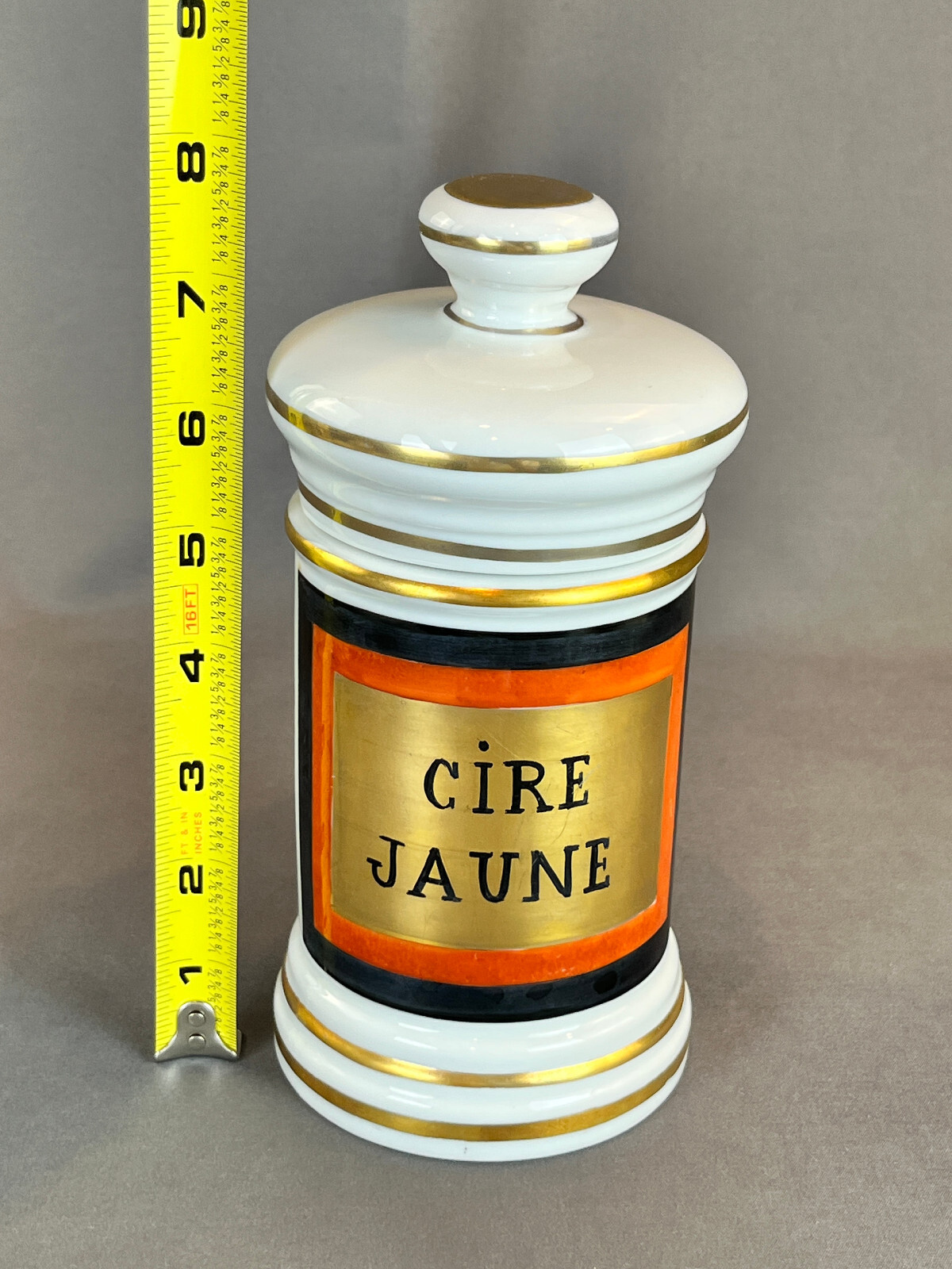 Vintage French Porcelain 7 ½” CIRE JAUNE (Yellow Wax) Apothecary Jar by D.T.