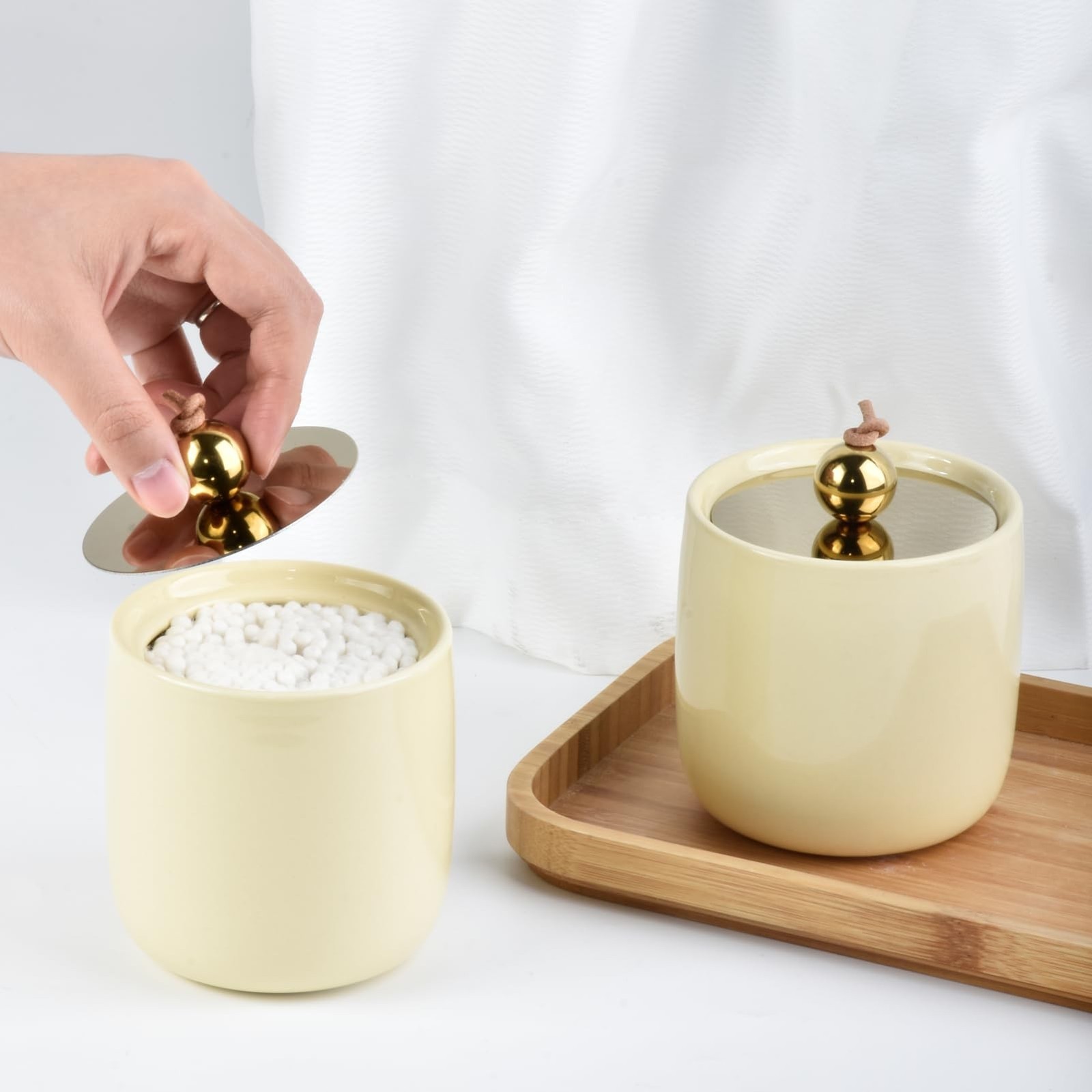 Ceramic Qtip Holder Dispenser with Gold Lids 2 Pack, Yellow Apothecary Jars B…