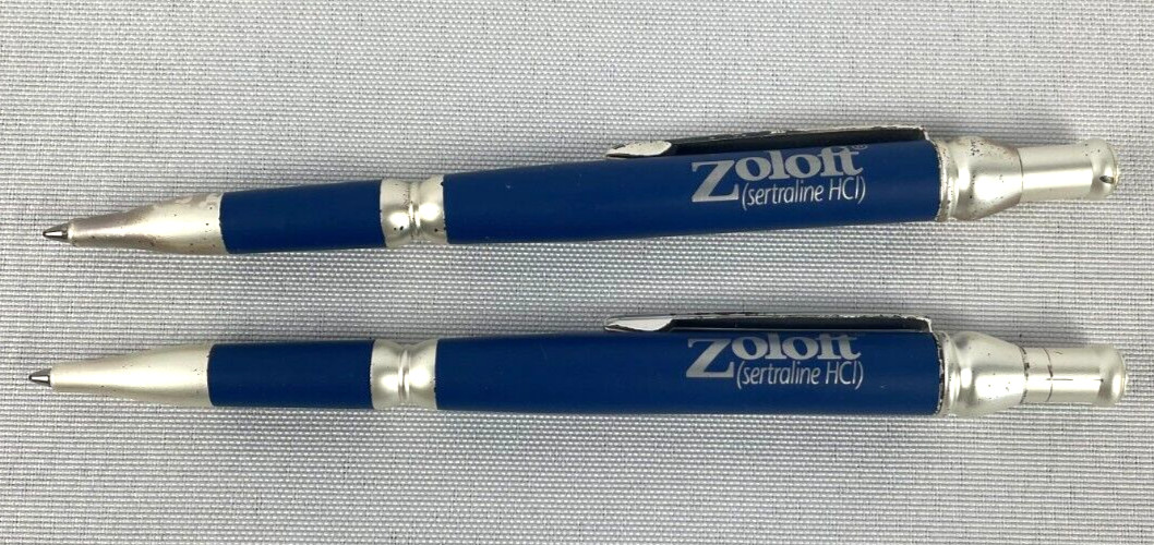 ZOLOFT Metal Pen Set Pharmaceutical Drug Rep Promo Blue Silver Logo Vintage