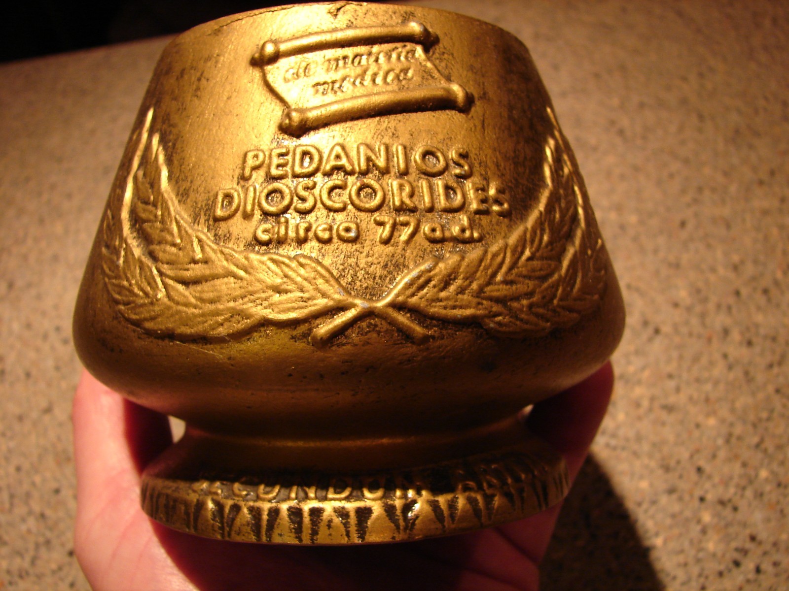 Vintage Apothacary Pharmacy Bronze Mortar & Pestle Double Sided Embossed Nice!!!