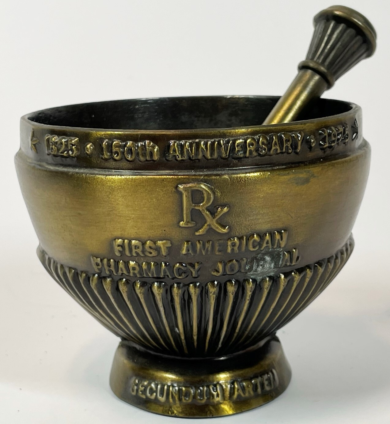 Vintage First American Pharmacy Journal Cast Brass Bronze Mortor & Pestle Set