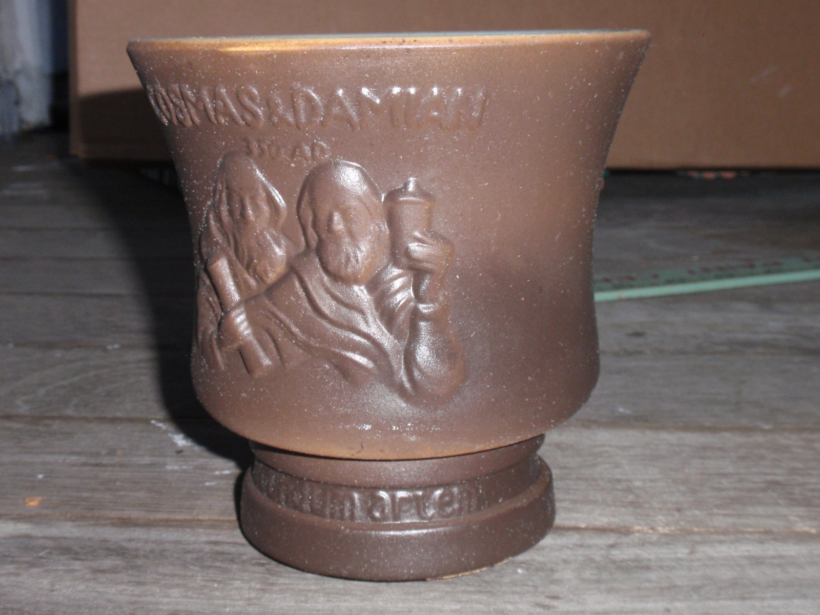 VINTAGE STONE/CERAMIC MORTAR COSMAS & DAMIAN PHARMACY 5 IN. TALL