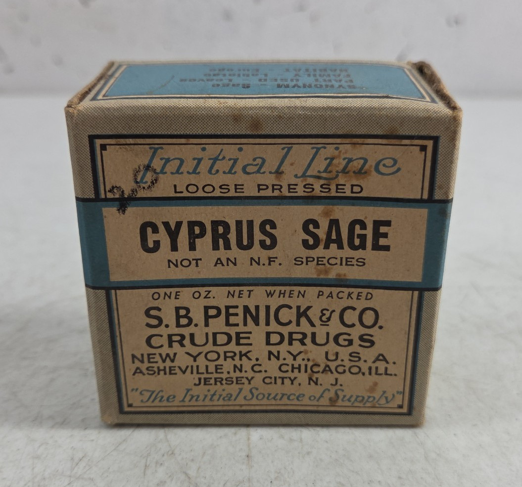 Antique Initial Line Cyprus Sage SB Penick Co Crude Drugs NY NOS Sealed Box