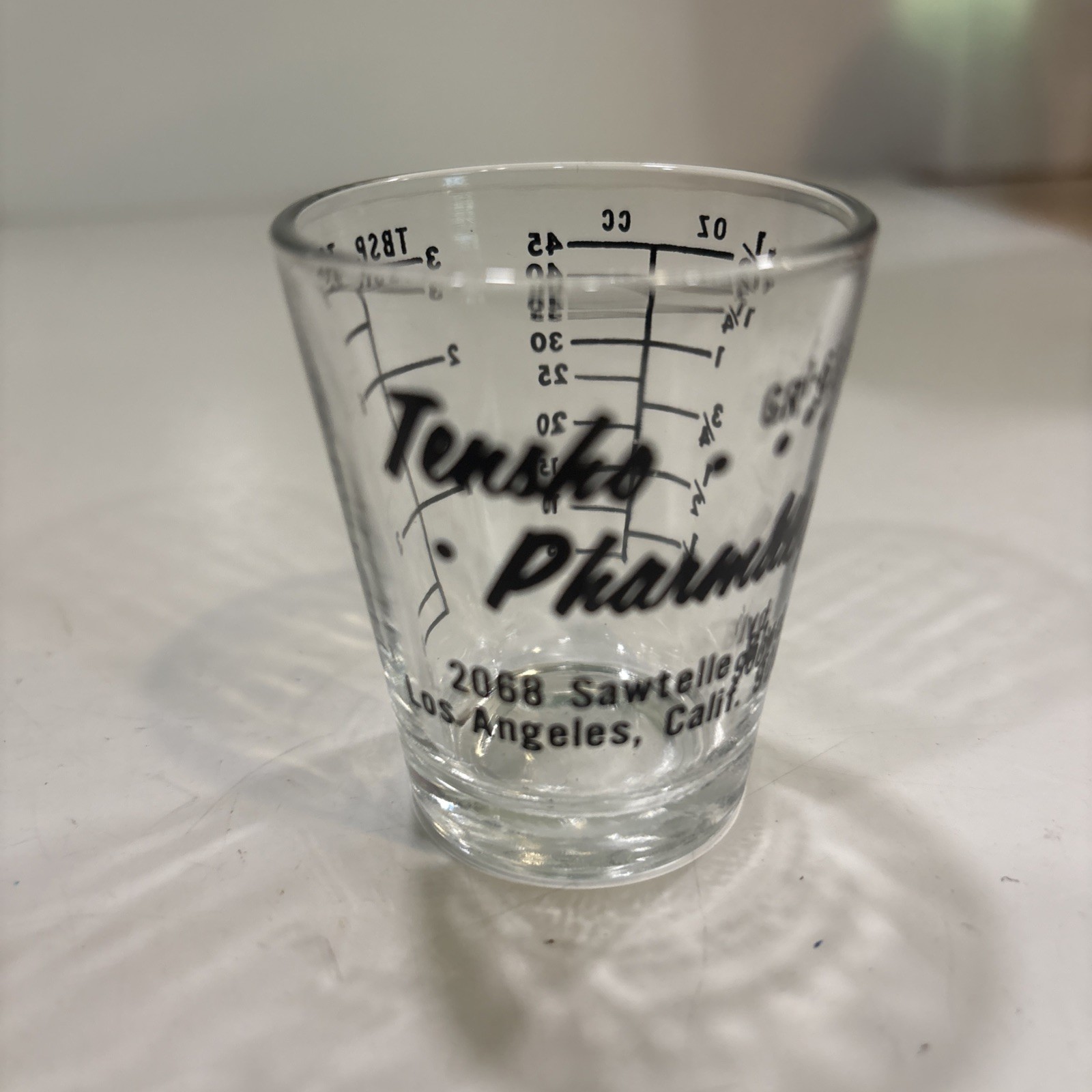 1960’s Advertising Medicine Dose Glass Cup Tensko PHARMACY Los Angeles Calif