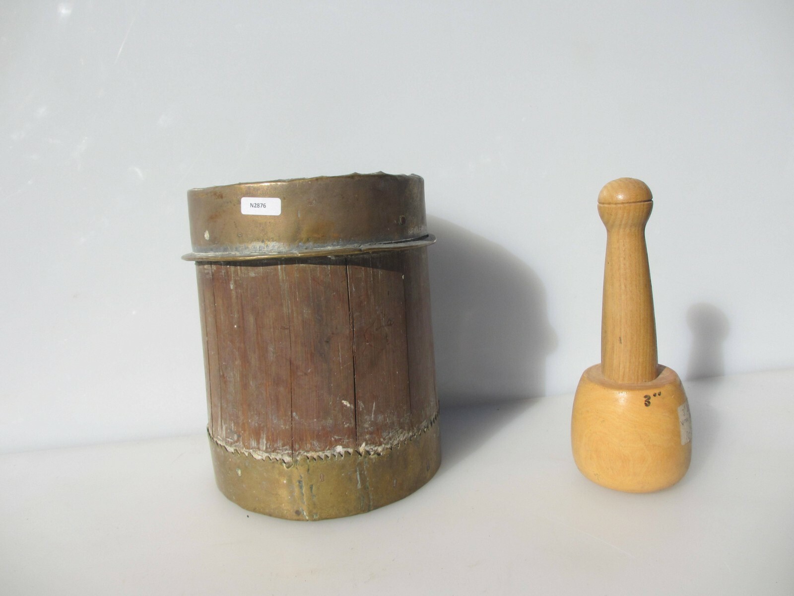 Antique Wooden Mortar and Pestle Barrel Brass Strap Vintage Old Wood French