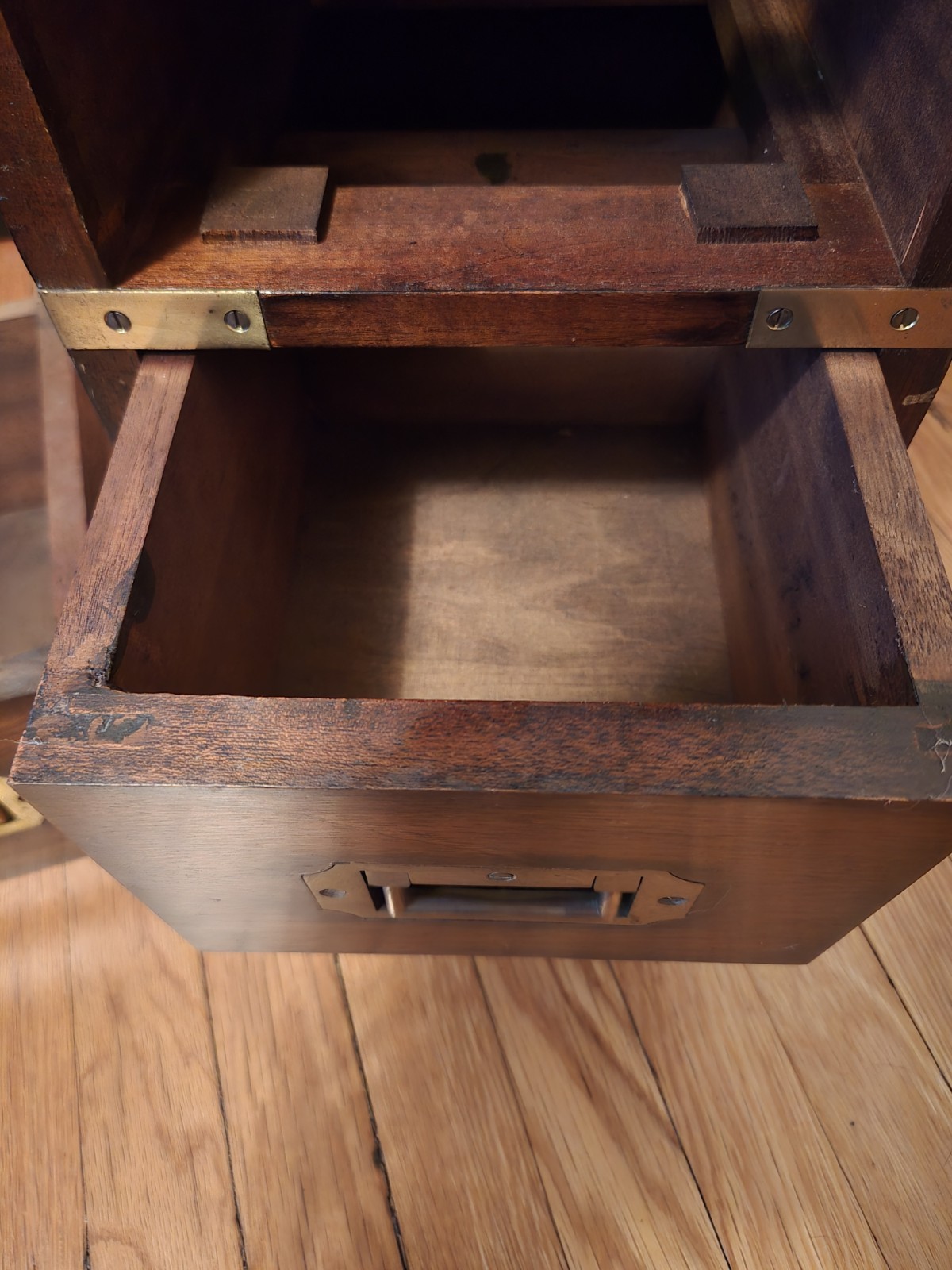 Antique Apothecary Military Campaign Chest Of Drawers with Leather Top