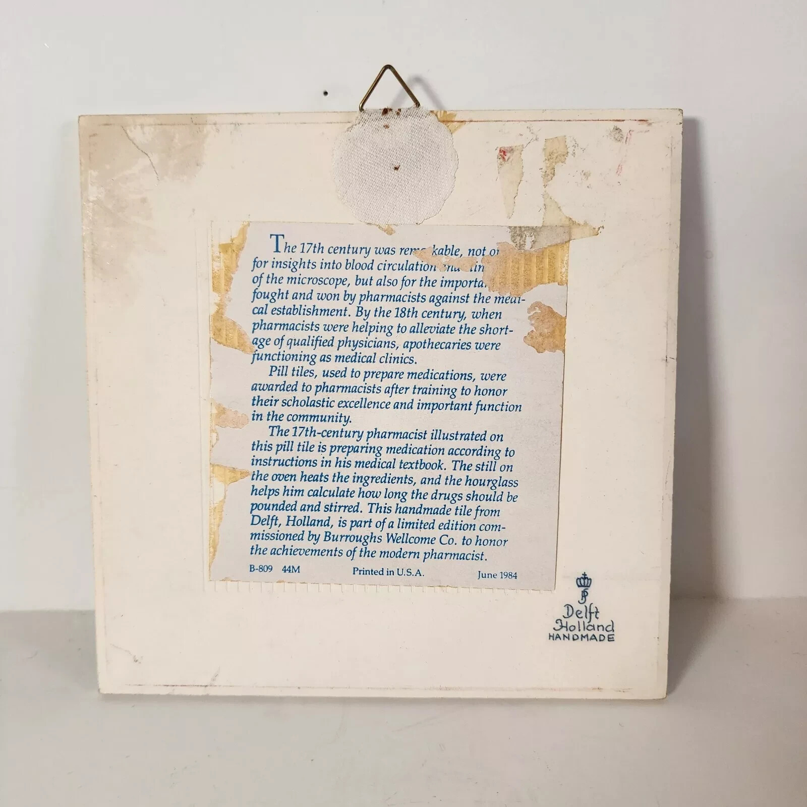 Vintage Delft Schoonhoven 1984 Pharmacist’s 6″x6″ Blue/white Tile-B-809