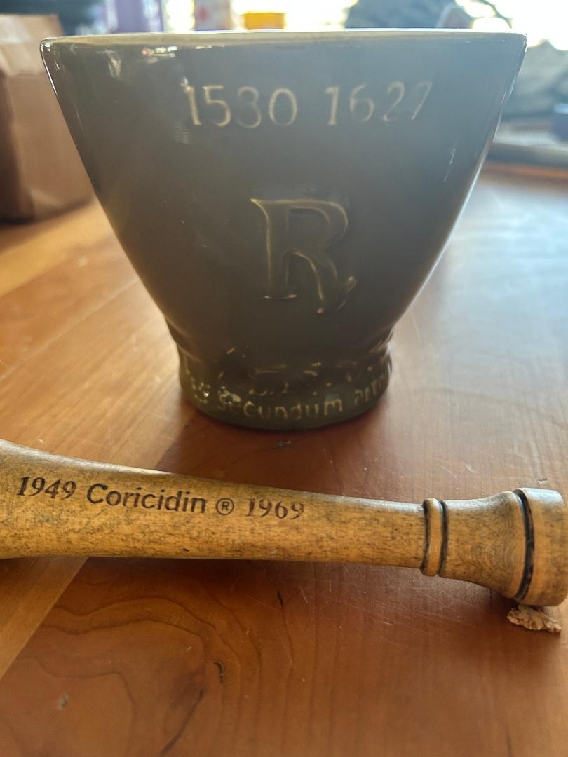 Vtg Schering Louis Hebert Ceramic Mortar & Wood Pestle Apothecary Pharma 1969