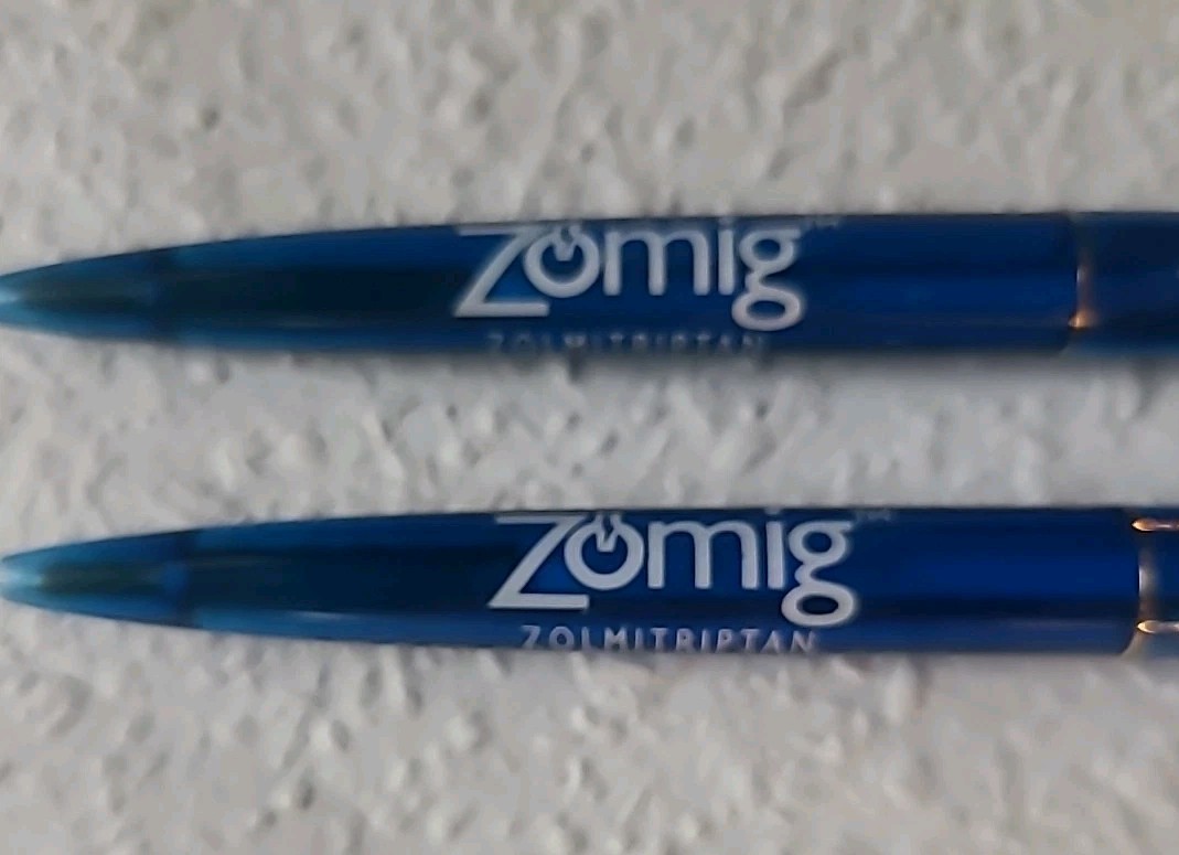 (2) ZOMIG drug promotional Blue Gold BIC CLIC Ballpoint Pen Pharmaceutical Adver