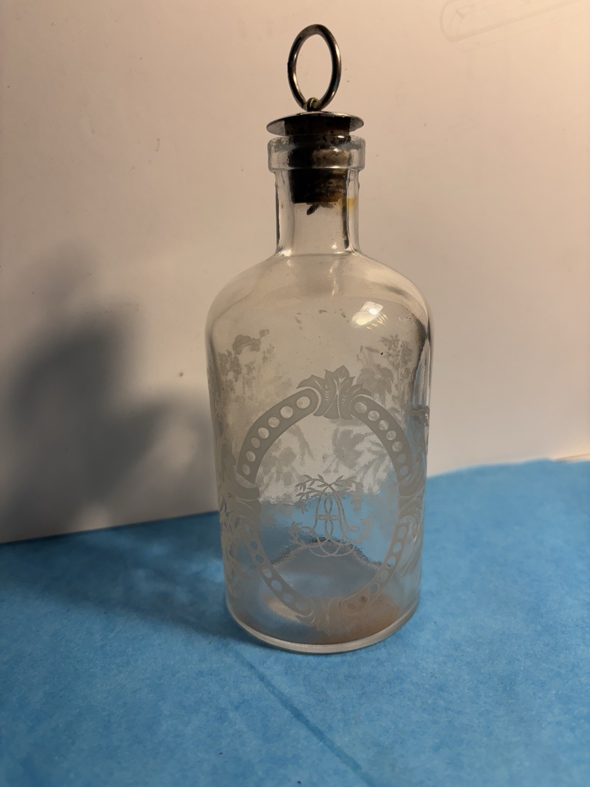 Antique French Victorian Glass Etch Decorated Monogram Apothecary Spirit Bottle
