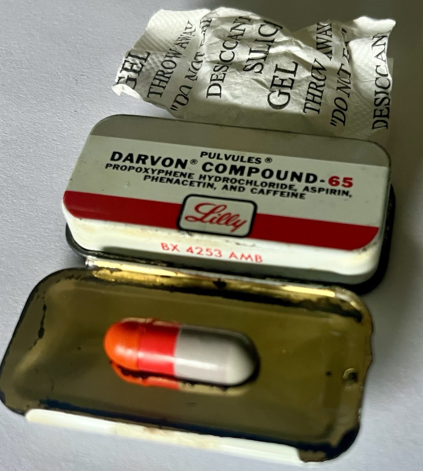 Lilly Pharmaceutical Darvon-65 Compound Pulvule Sample Tin with 1 Pulvule Inside